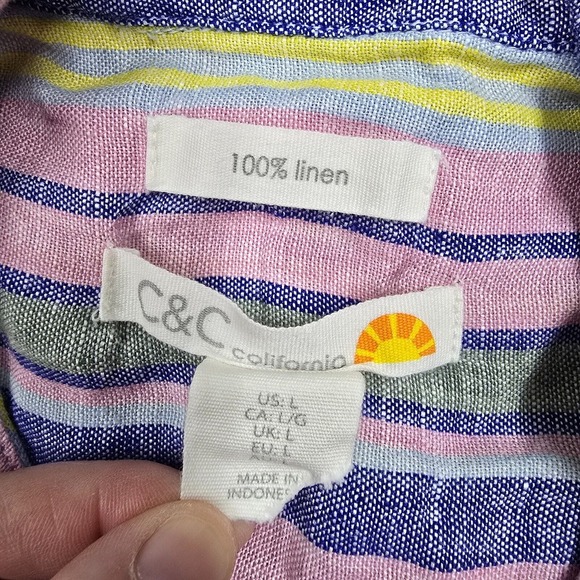 C&C California Top Womens Large Colorful Striped Button Short Sleeve Linen Beach - Picture 5 of 10